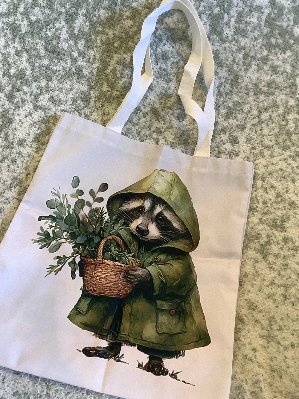Foraging Raccoon Poly Canvas Tote Bag NWT 13.5x16”